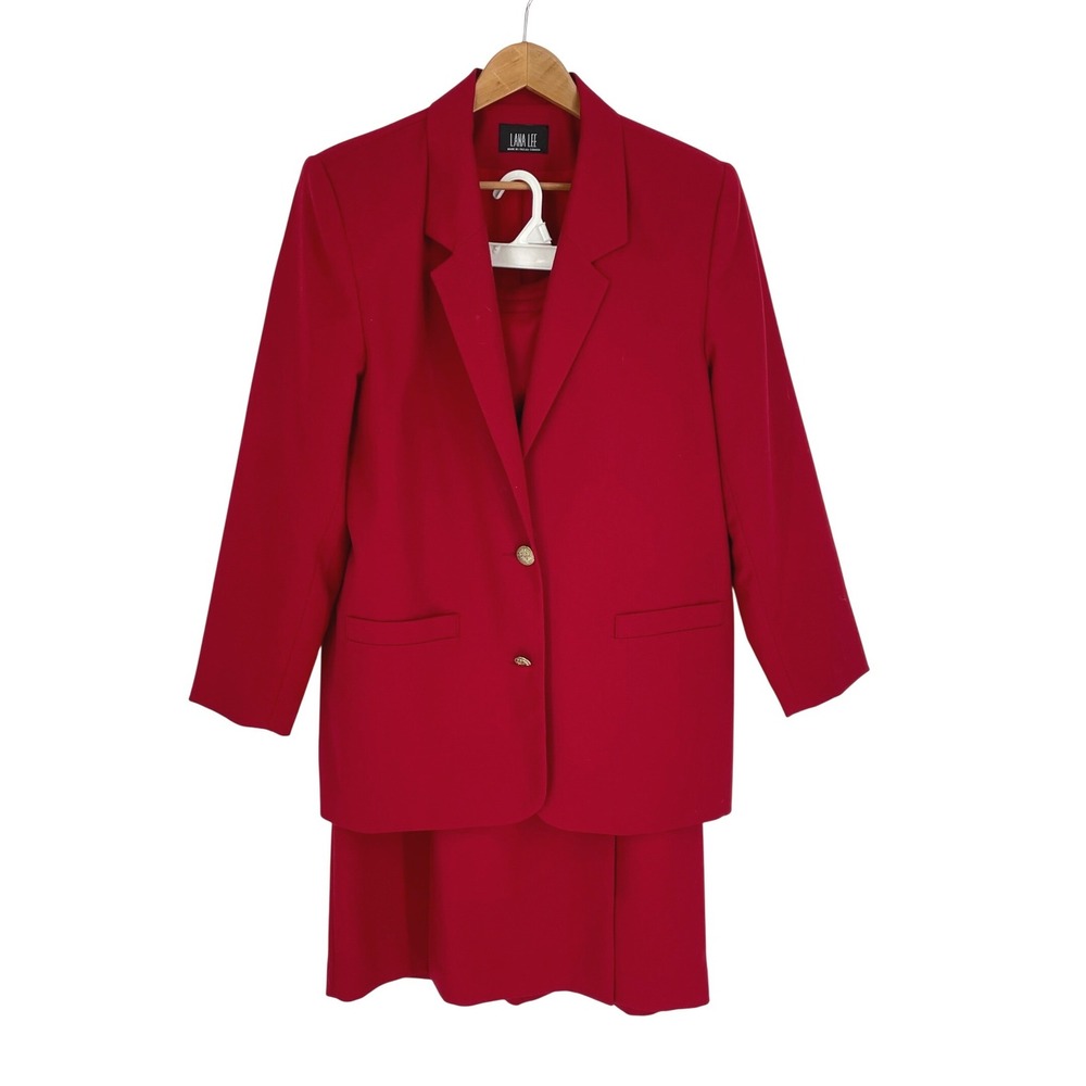 Vintage Lana‎ Lee Womens Skirt Suit Set 10 Professional Red Longline Blazer